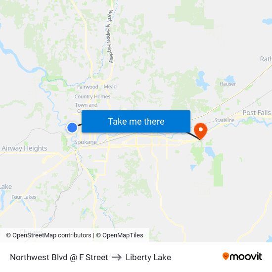 Northwest Blvd @ F Street to Liberty Lake map