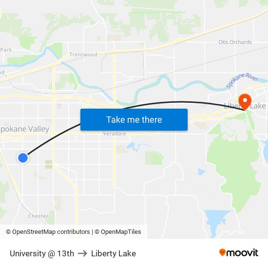 University @ 13th to Liberty Lake map