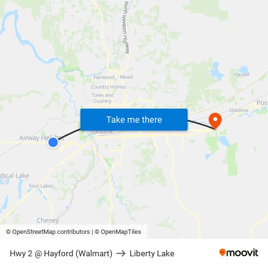 Hwy 2 @ Hayford (Walmart) to Liberty Lake map