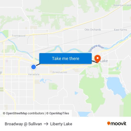 Broadway @ Sullivan to Liberty Lake map