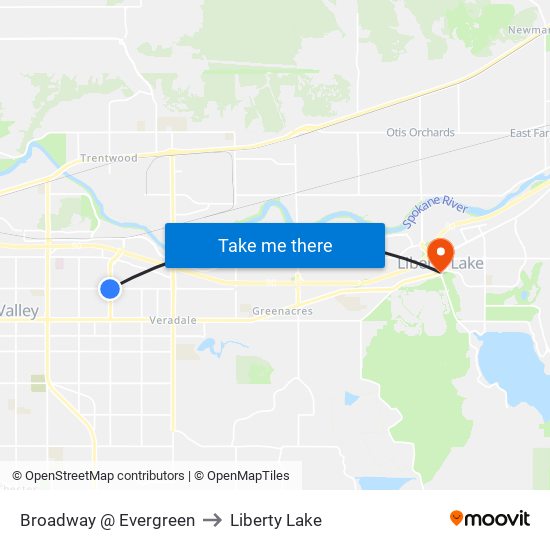 Broadway @ Evergreen to Liberty Lake map