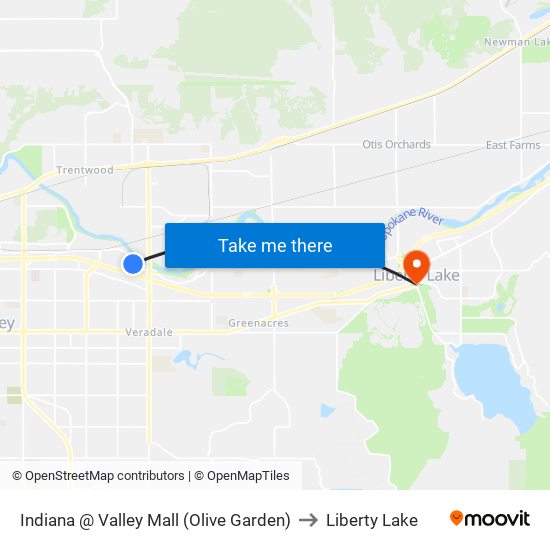 Indiana @ Valley Mall (Olive Garden) to Liberty Lake map