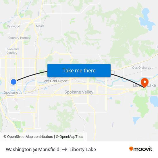 Washington @ Mansfield to Liberty Lake map