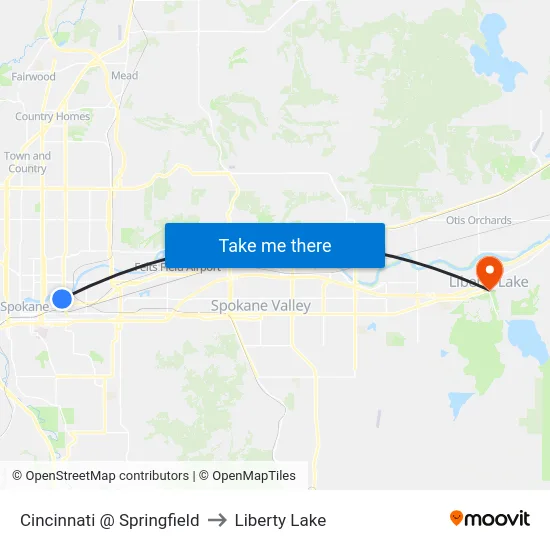Cincinnati @ Springfield to Liberty Lake map