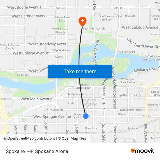Spokane to Spokane Arena map