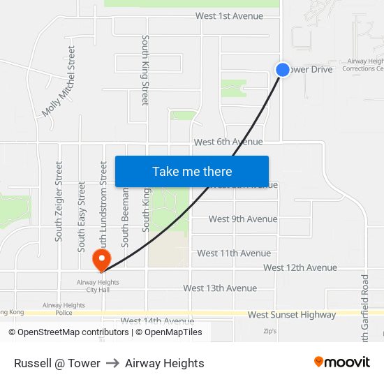 Russell @ Tower to Airway Heights map