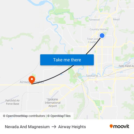 Nevada And Magnesium to Airway Heights map