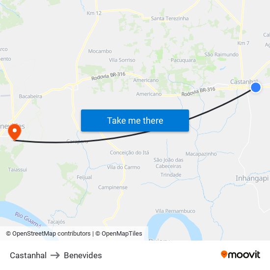 Castanhal to Benevides map