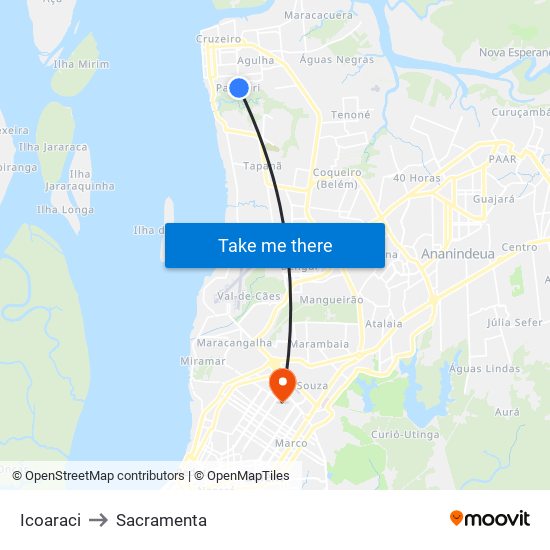 Icoaraci to Sacramenta map