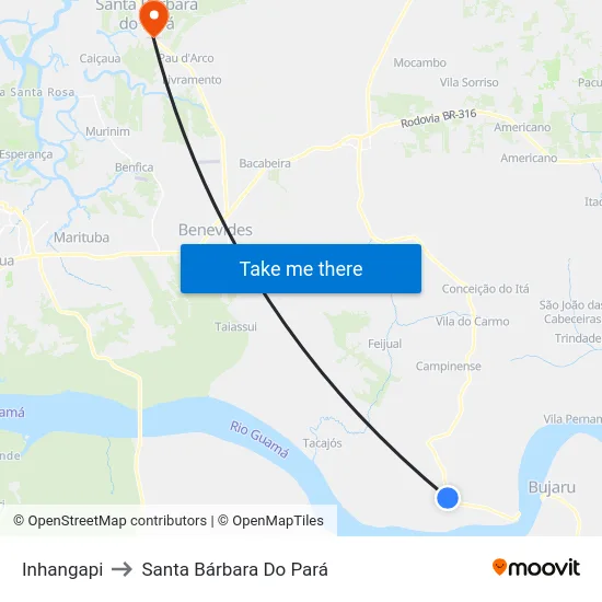 Inhangapi to Santa Bárbara Do Pará map