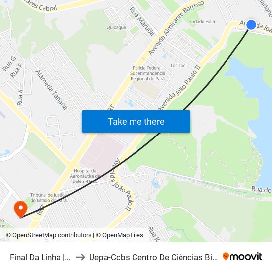 Final Da Linha | João Paulo II (Temporário) to Uepa-Ccbs Centro De Ciências Biológicas E Da Saúde Da Universidade Estadual Do Pará map