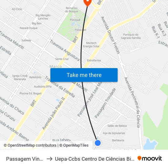 Passagem Vinte E Sete De Dezembro 362 to Uepa-Ccbs Centro De Ciências Biológicas E Da Saúde Da Universidade Estadual Do Pará map