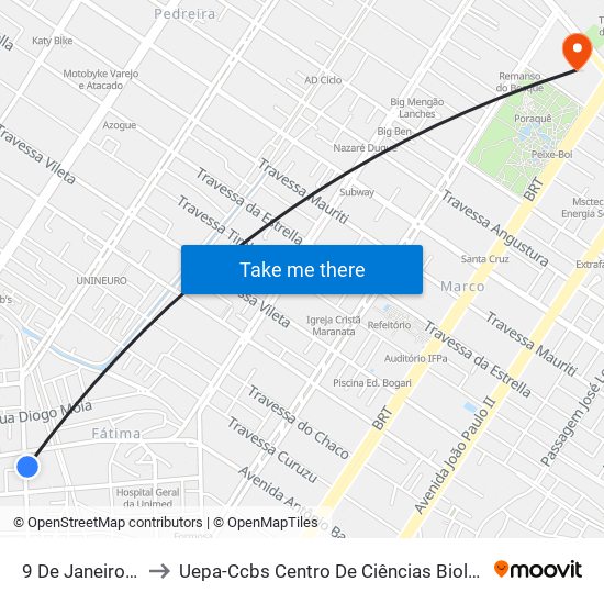 9 De Janeiro Com Antônio Barreto to Uepa-Ccbs Centro De Ciências Biológicas E Da Saúde Da Universidade Estadual Do Pará map