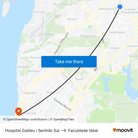 Hospital Galileu | Sentido Sul to Faculdade Ideal map