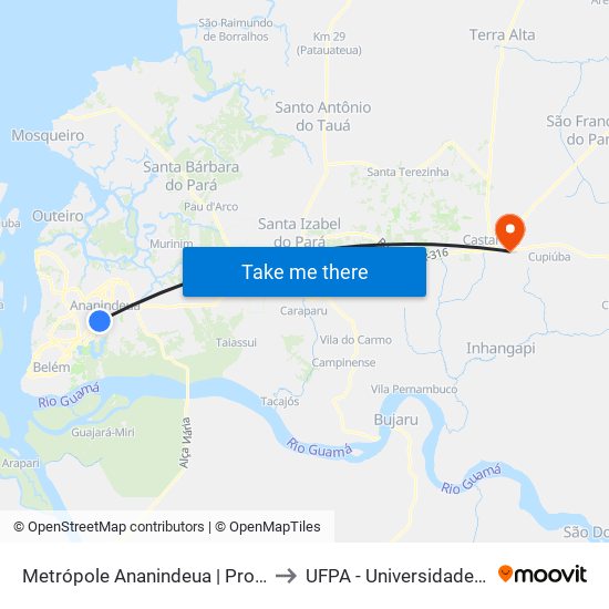 Metrópole Ananindeua | Providência Com Br-316 to UFPA - Universidade Federal Do Pará map