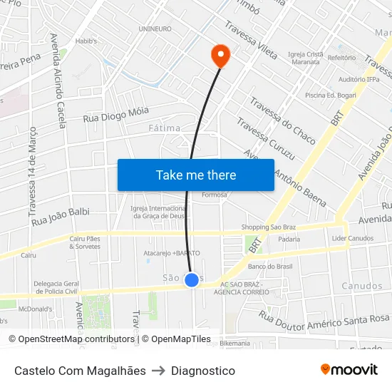 Castelo Com Magalhães to Diagnostico map