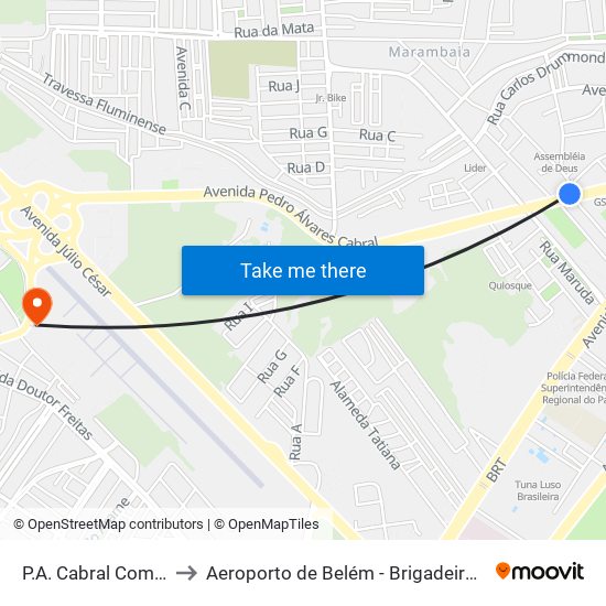 P.A. Cabral Com N.S. De Fátima to Aeroporto de Belém - Brigadeiro Protásio de Oliveira - SBJC map