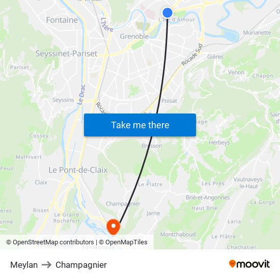 Meylan to Champagnier map