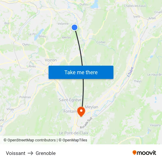 Voissant to Grenoble map