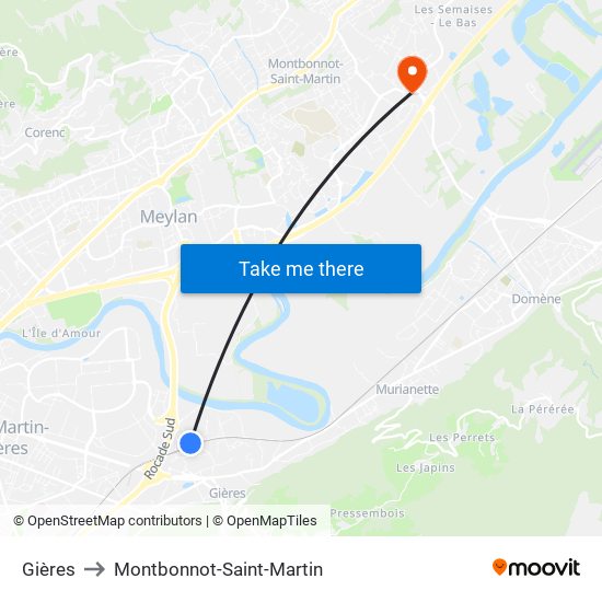 Gières to Montbonnot-Saint-Martin map