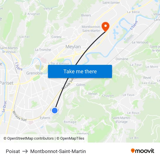 Poisat to Montbonnot-Saint-Martin map