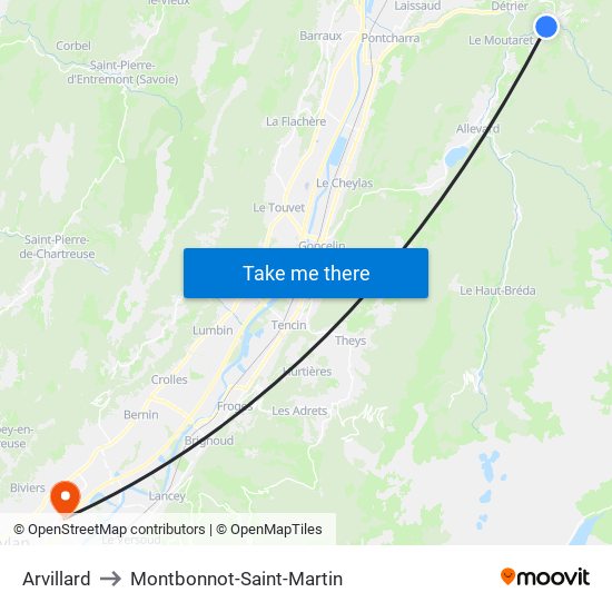 Arvillard to Montbonnot-Saint-Martin map