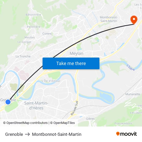 Grenoble to Montbonnot-Saint-Martin map