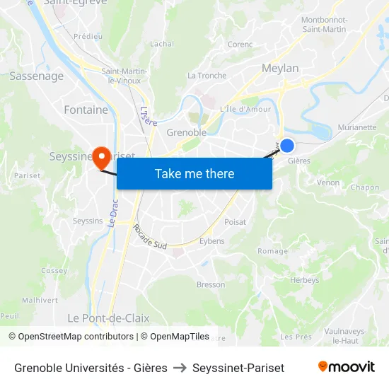 Grenoble Universités - Gières to Seyssinet-Pariset map
