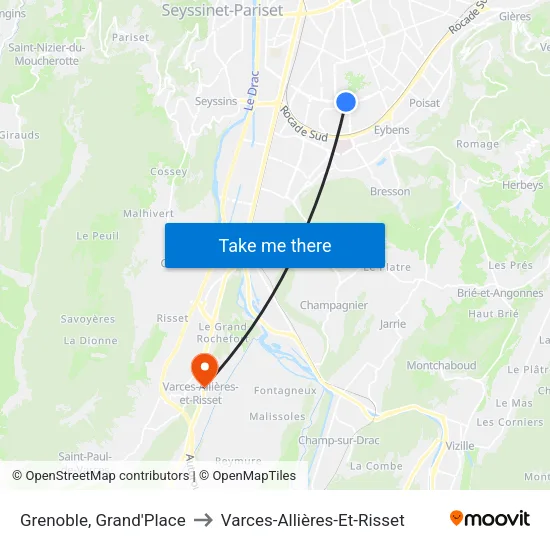 Grenoble, Grand'Place to Varces-Allières-Et-Risset map