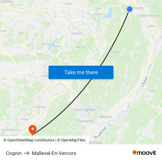 Cognin to Malleval-En-Vercors map