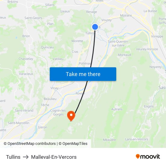 Tullins to Malleval-En-Vercors map