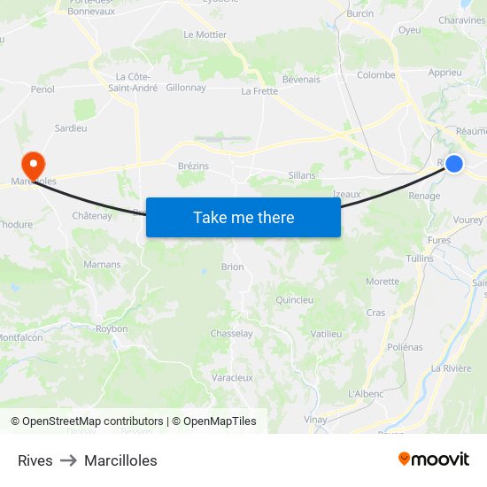 Rives to Marcilloles map