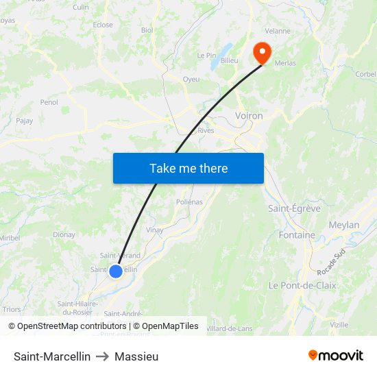 Saint-Marcellin to Massieu map