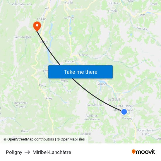 Poligny to Miribel-Lanchâtre map