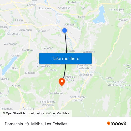 Domessin to Miribel-Les-Échelles map