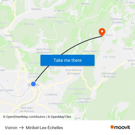 Voiron to Miribel-Les-Échelles map