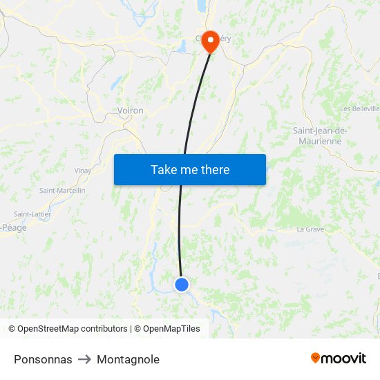 Ponsonnas to Montagnole map