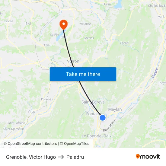 Grenoble, Victor Hugo to Paladru map