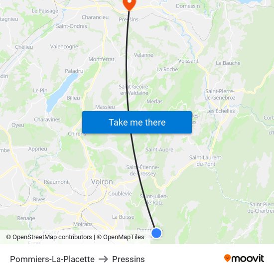 Pommiers-La-Placette to Pressins map