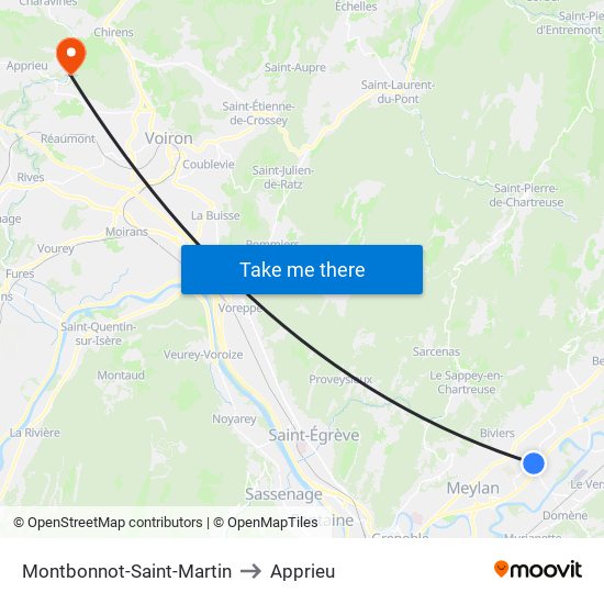 Montbonnot-Saint-Martin to Apprieu map