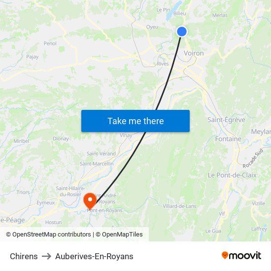 Chirens to Auberives-En-Royans map
