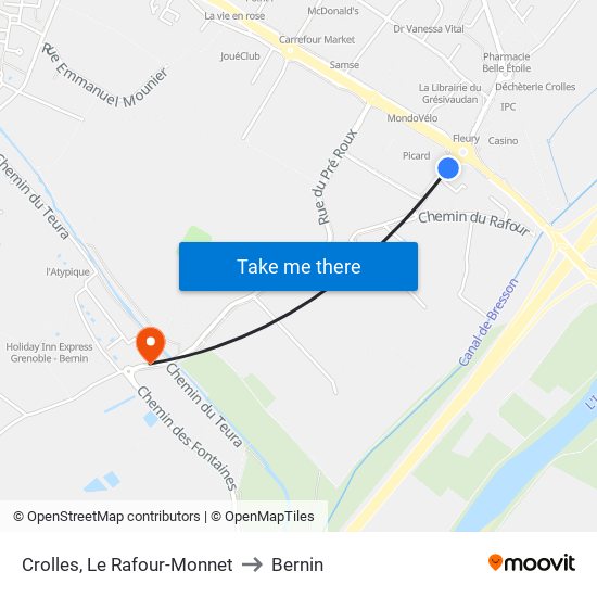 Crolles, Le Rafour-Monnet to Bernin map