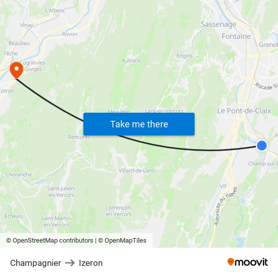 Champagnier to Izeron map