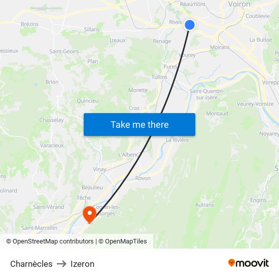 Charnècles to Izeron map