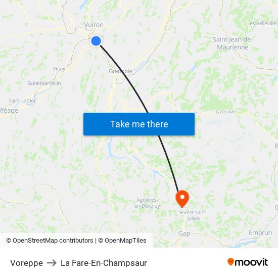 Voreppe to La Fare-En-Champsaur map