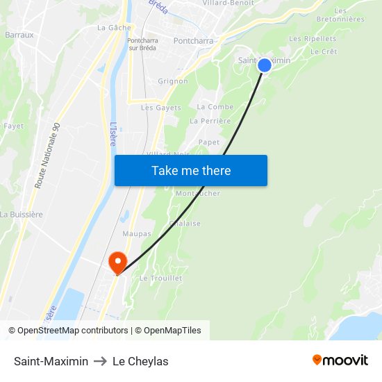 Saint-Maximin to Le Cheylas map