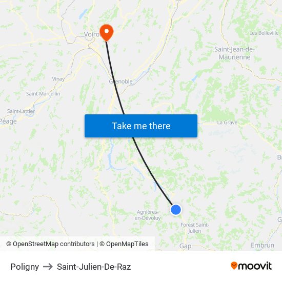 Poligny to Saint-Julien-De-Raz map