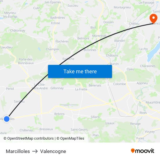 Marcilloles to Valencogne map