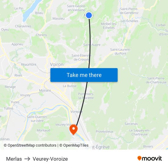 Merlas to Veurey-Voroize map