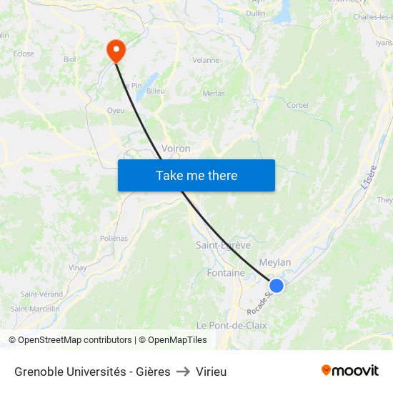 Grenoble Universités - Gières to Virieu map